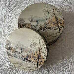 Vintage Currier & Ives Tins (two) - New England Winter Scene